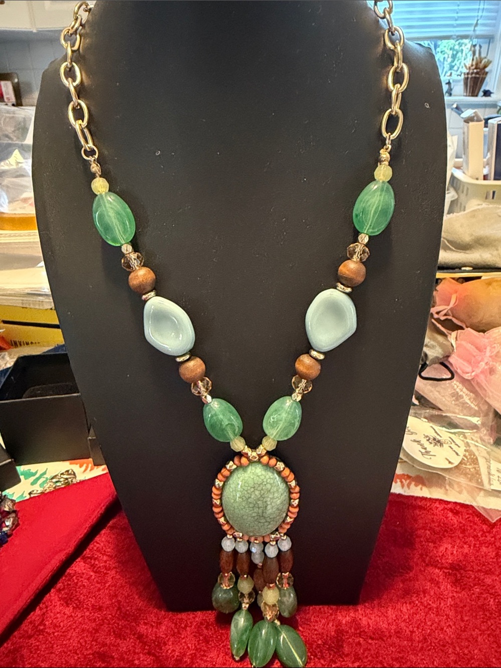 Vintage American Indian Green Bead Pendant Statement Necklace and pendant
